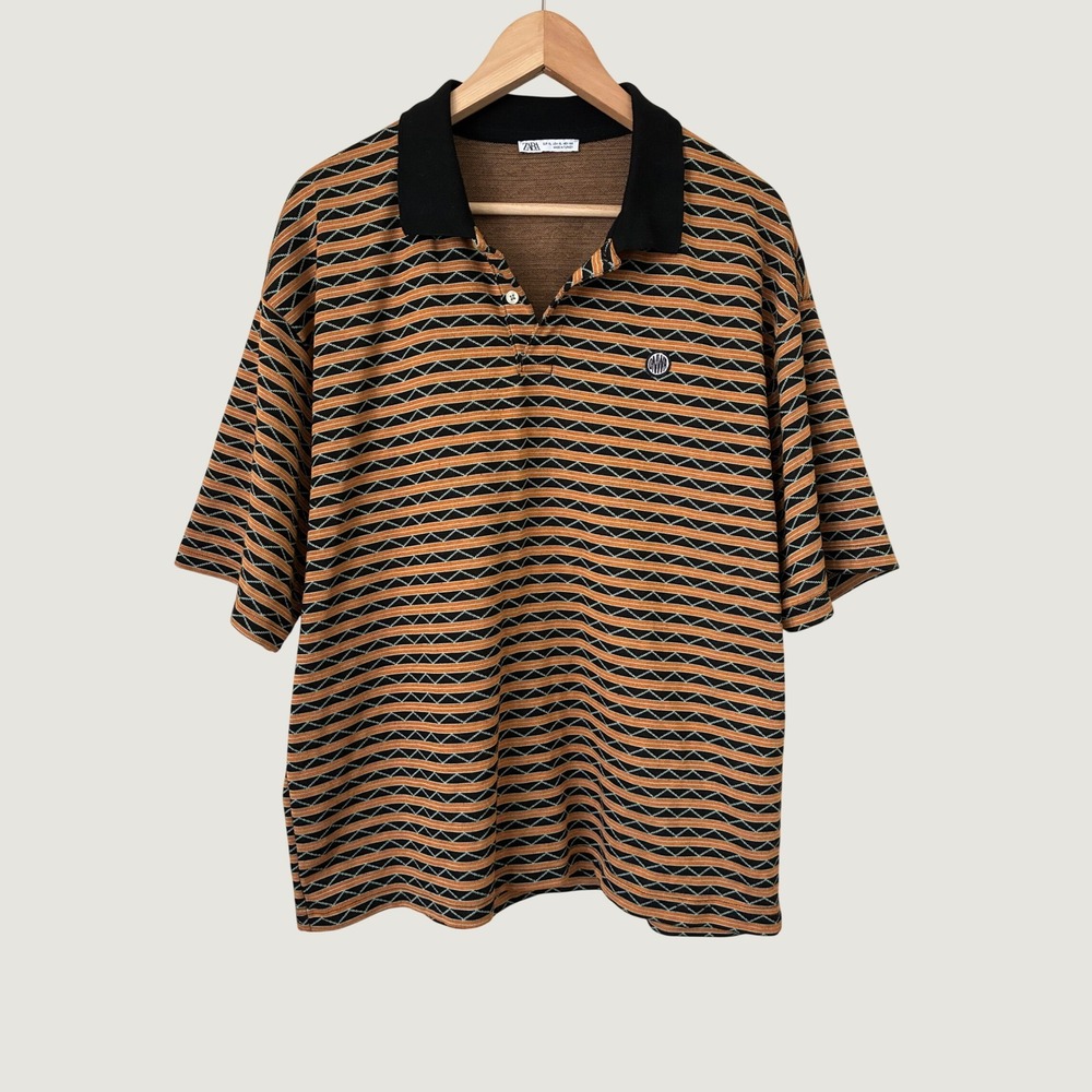 Zara Mens XL Geometric Jacquard‎ Knit Polo Shirt Orange Black Striped Oversized